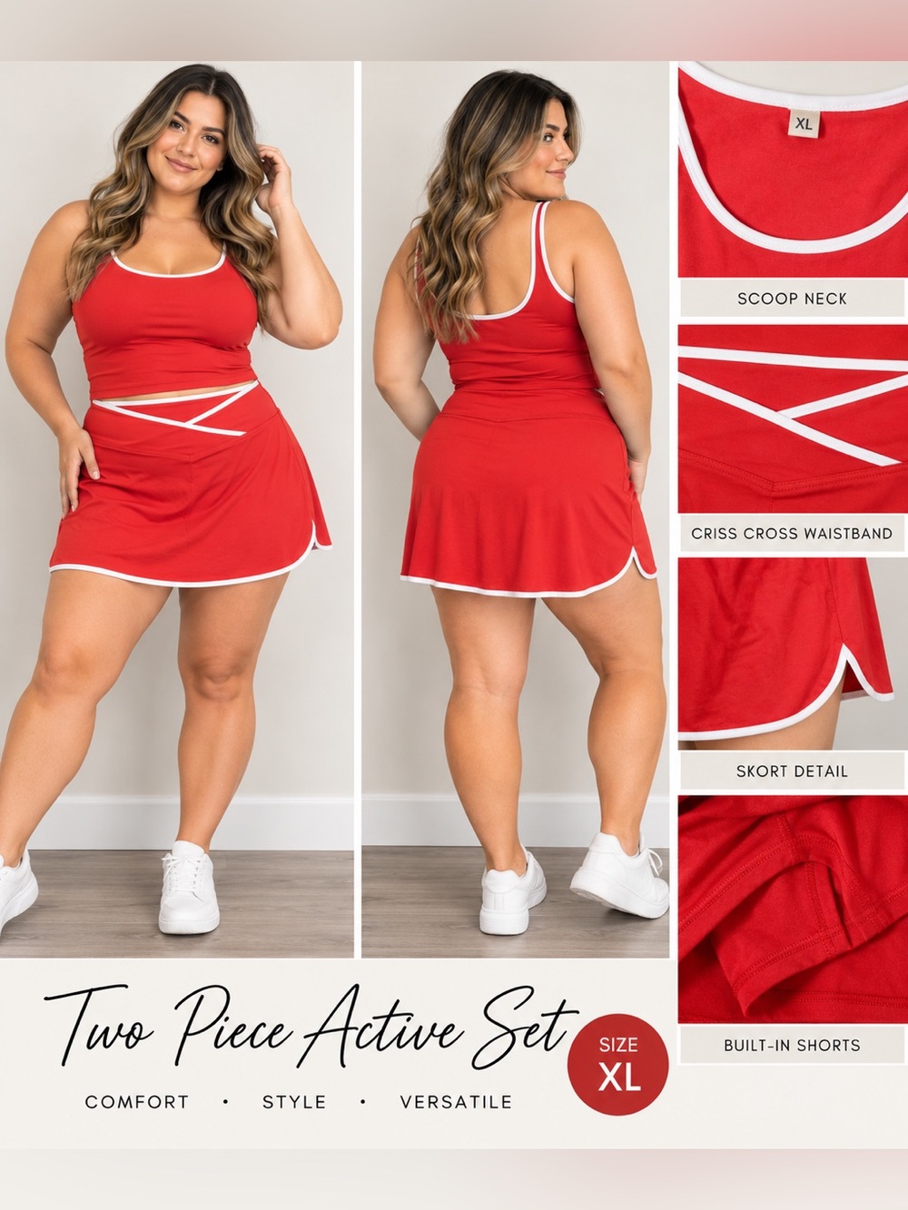 Red Active Two-Piece Skort Set with White Trim
